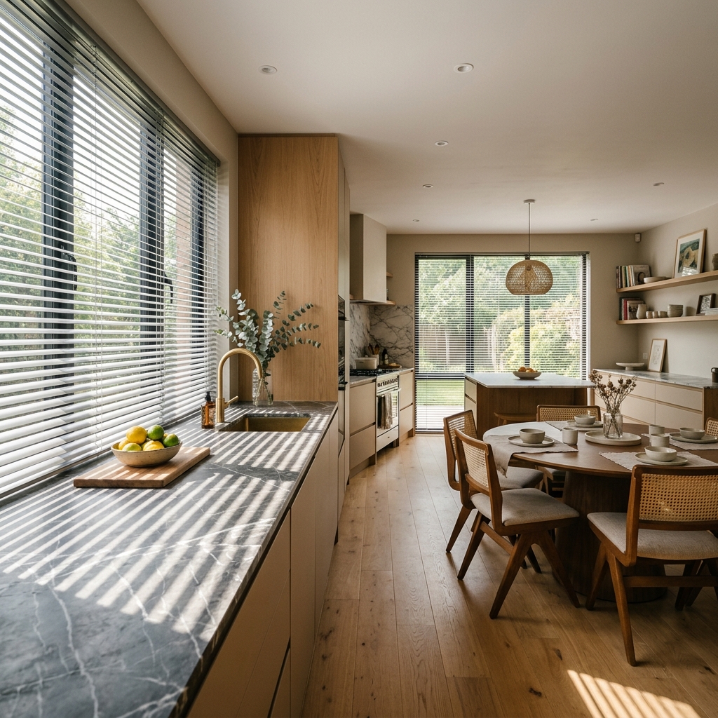 Aluminium venetian blinds in a modern kitchen